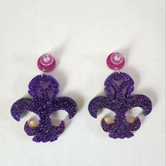 Mardi Gras Fleur Di Lis Crawfish Glitter Dangle Acrylic Earrings NEW - Picture 2 of 2